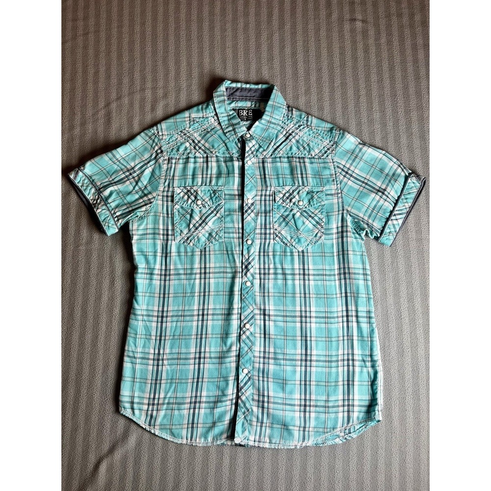 BKE Pearl Snap Shirt Mens Medium Plaid Standard Fit Short Sleeve Western B12